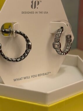 Faceted Silver Hoop Earrings - BP Diamond CZ on Hematite Plating